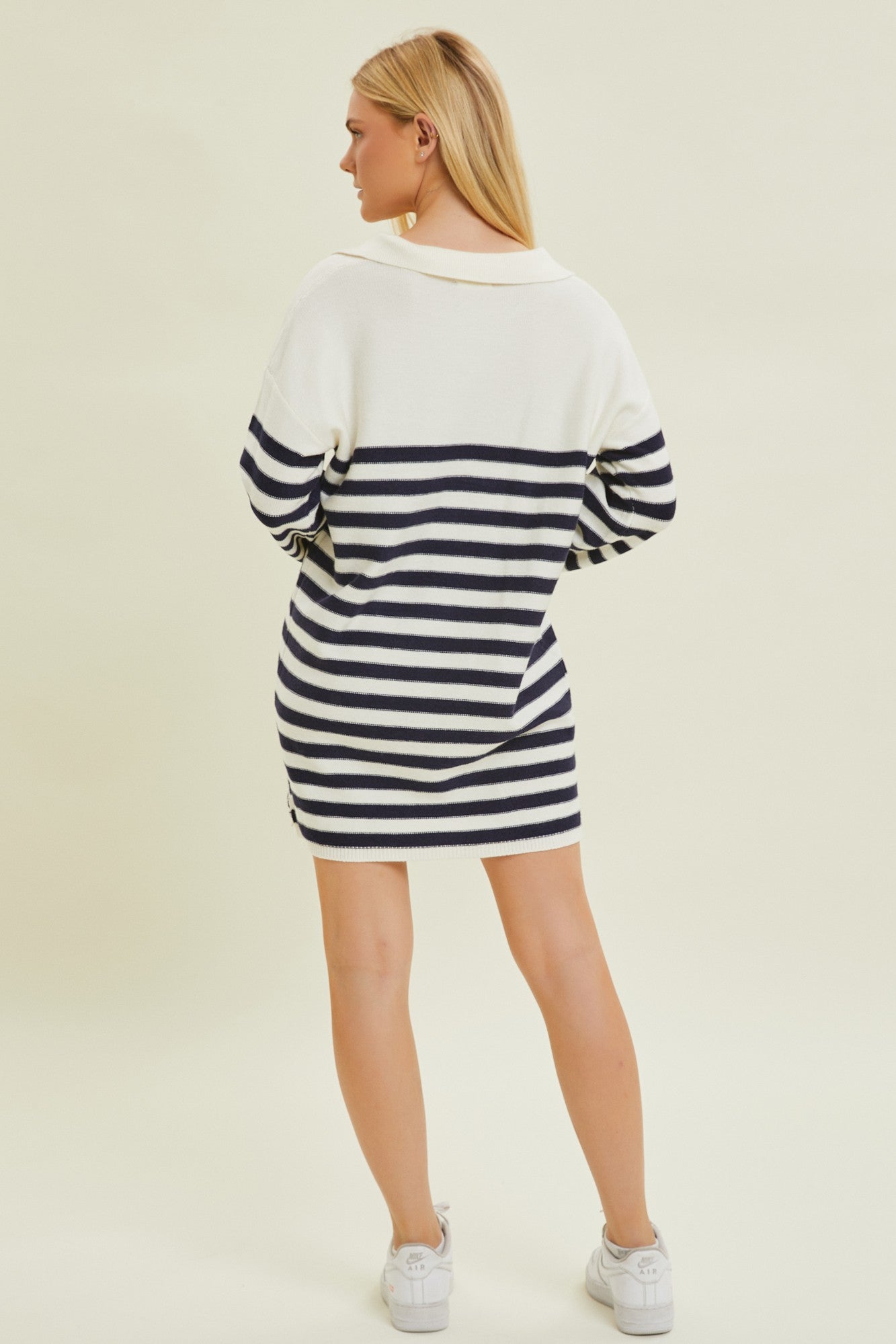 Ivory Striped Collared Long Sleeve Sweater Dress