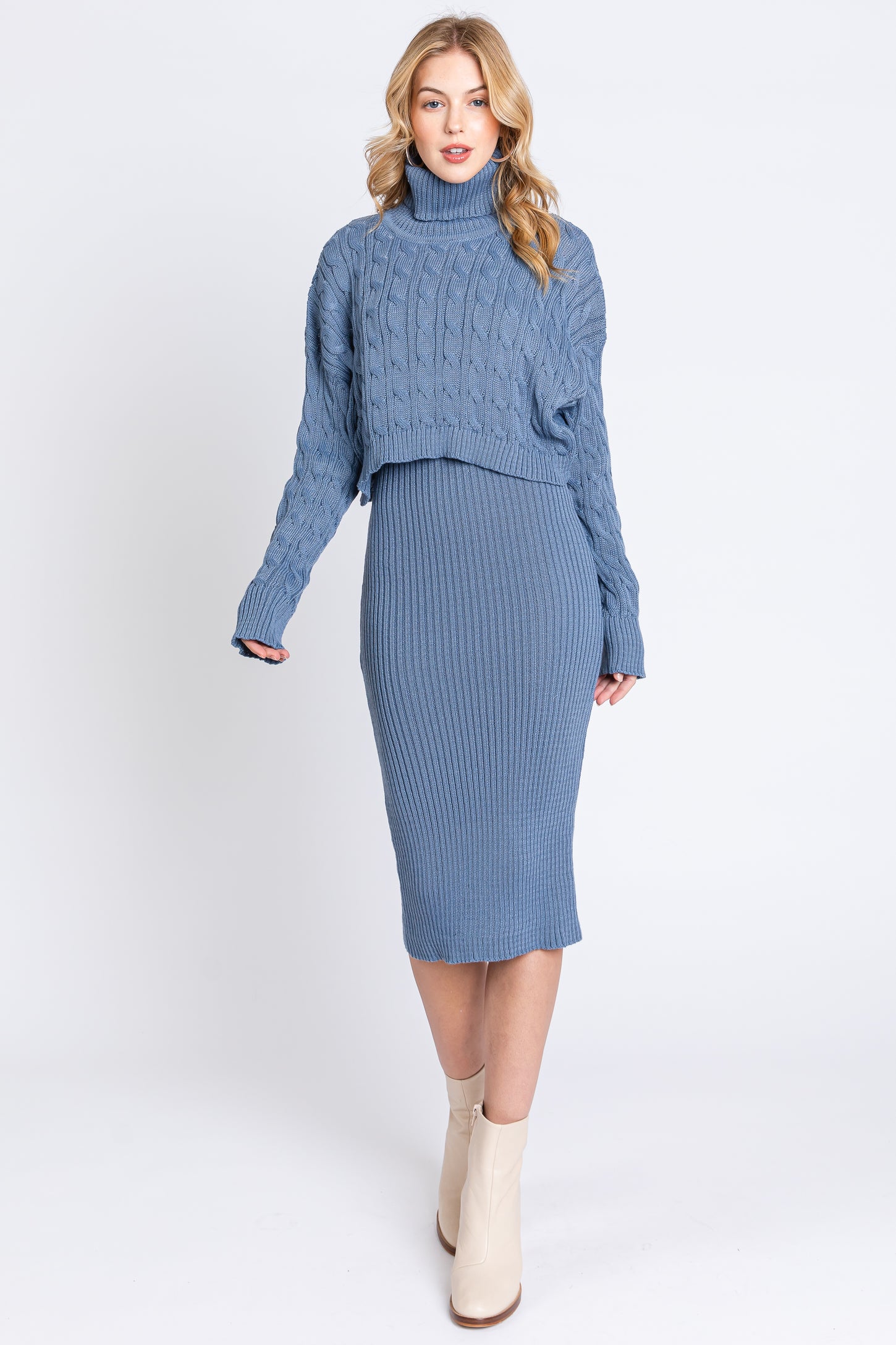 Light Blue Cable Knit Crop Sweater Maternity Dress Set PinkBlush Light Blue Cable Knit Crop Sweater Maternity Dress Set PinkBlush