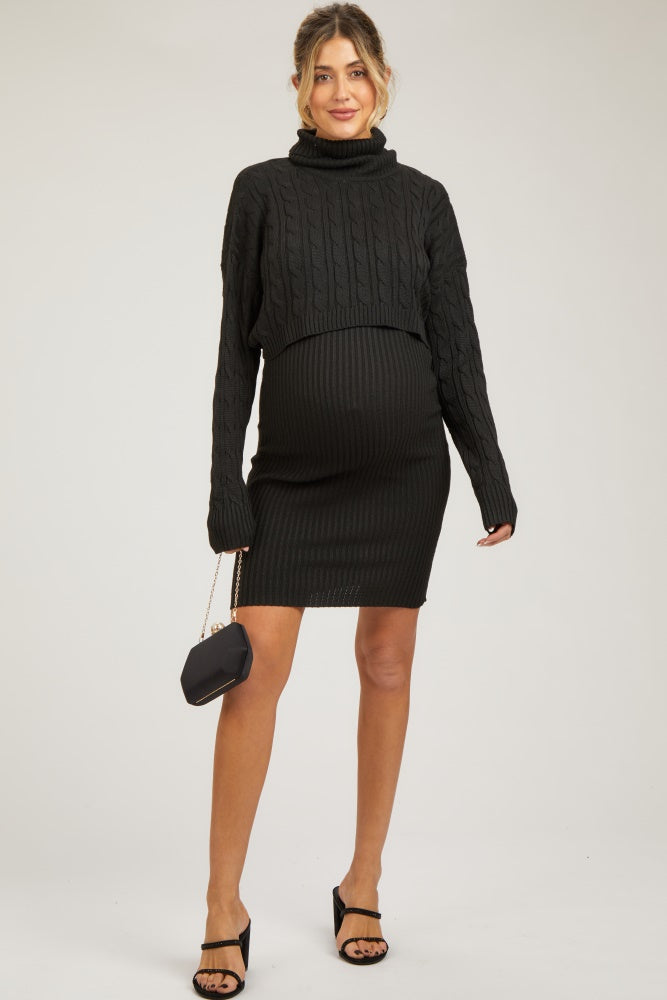 Black Cable Knit Crop Sweater Maternity Dress Set PinkBlush Black Cable Knit Crop Sweater Maternity Dress Set PinkBlush