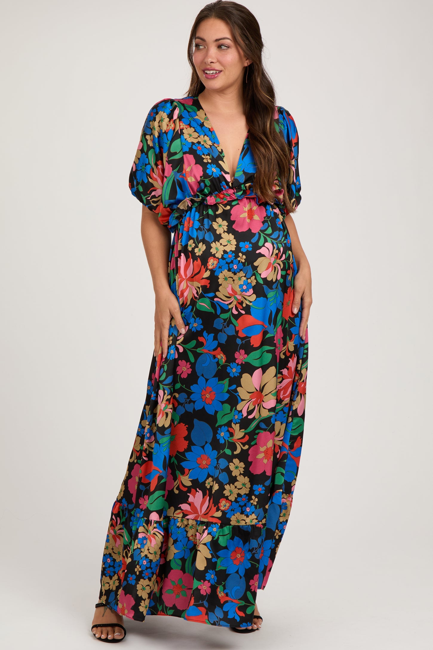 Black Floral Satin Deep V-Neck Puff Sleeve Maternity Maxi Dress PinkBlush Black Floral Satin Deep V-Neck Puff Sleeve Maternity Maxi Dress PinkBlush