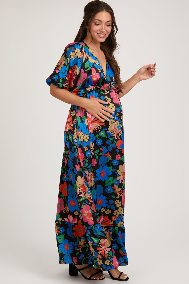Black Floral Satin Deep V-Neck Puff Sleeve Maternity Maxi Dress – PinkBlush