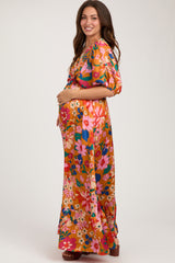 Orange Floral Satin Deep V-Neck Puff Sleeve Maternity Maxi Dress