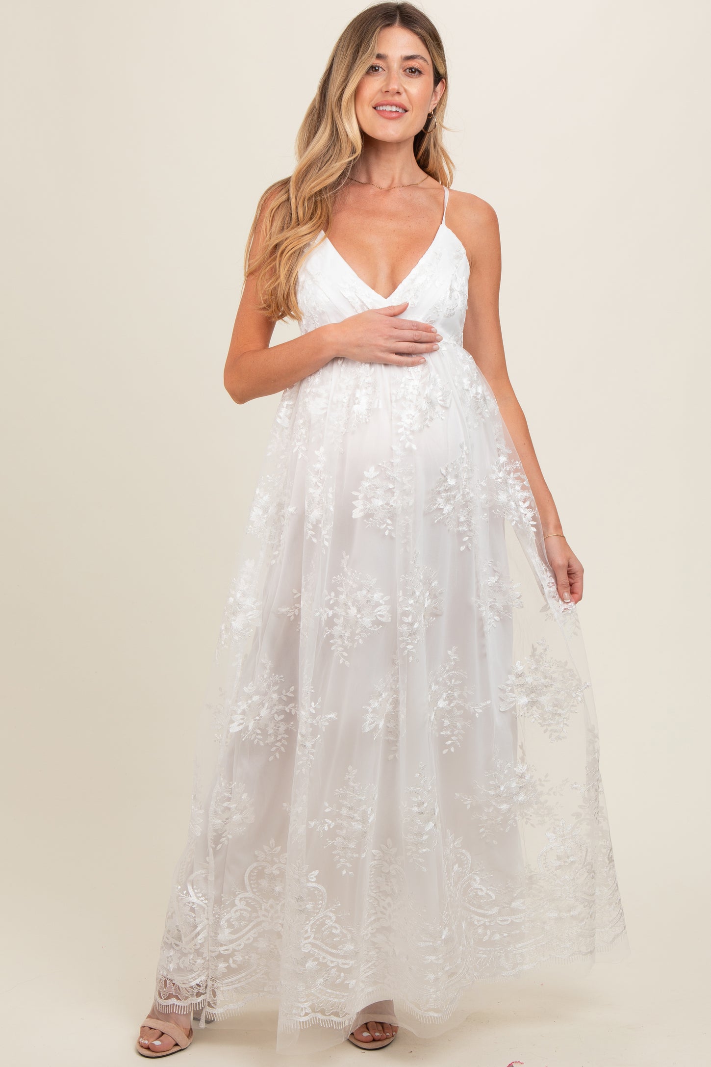 Ivory Floral Lace Overlay Maternity Maxi Dress PinkBlush Ivory Floral Lace Overlay Maternity Maxi Dress PinkBlush