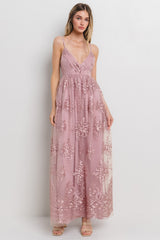 Mauve Floral Lace Overlay Maxi Dress