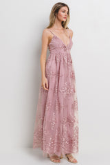 Mauve Floral Lace Overlay Maxi Dress