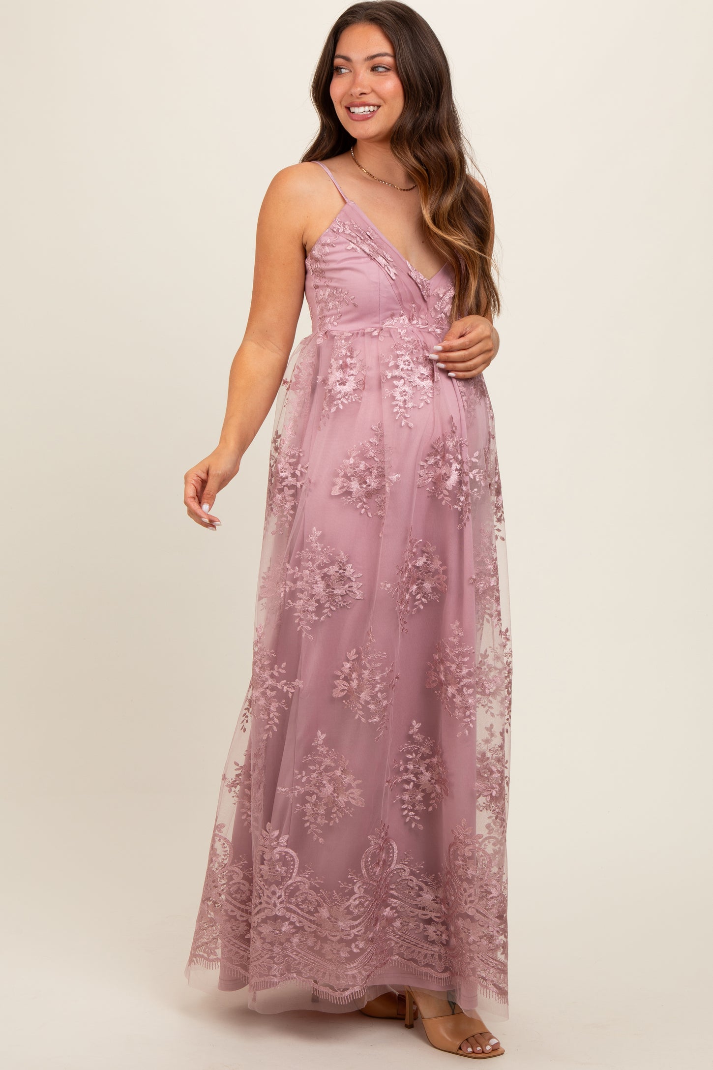 Mauve Floral Lace Overlay Maternity Maxi Dress PinkBlush Mauve Floral Lace Overlay Maternity Maxi Dress PinkBlush
