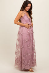 Mauve Floral Lace Overlay Maternity Maxi Dress