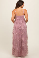 Mauve Floral Lace Overlay Maternity Maxi Dress