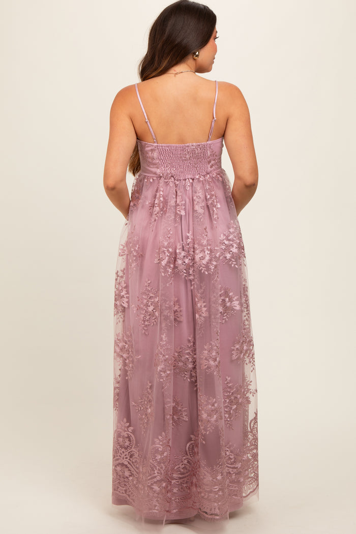 Mauve Floral Lace Overlay Maternity Maxi Dress