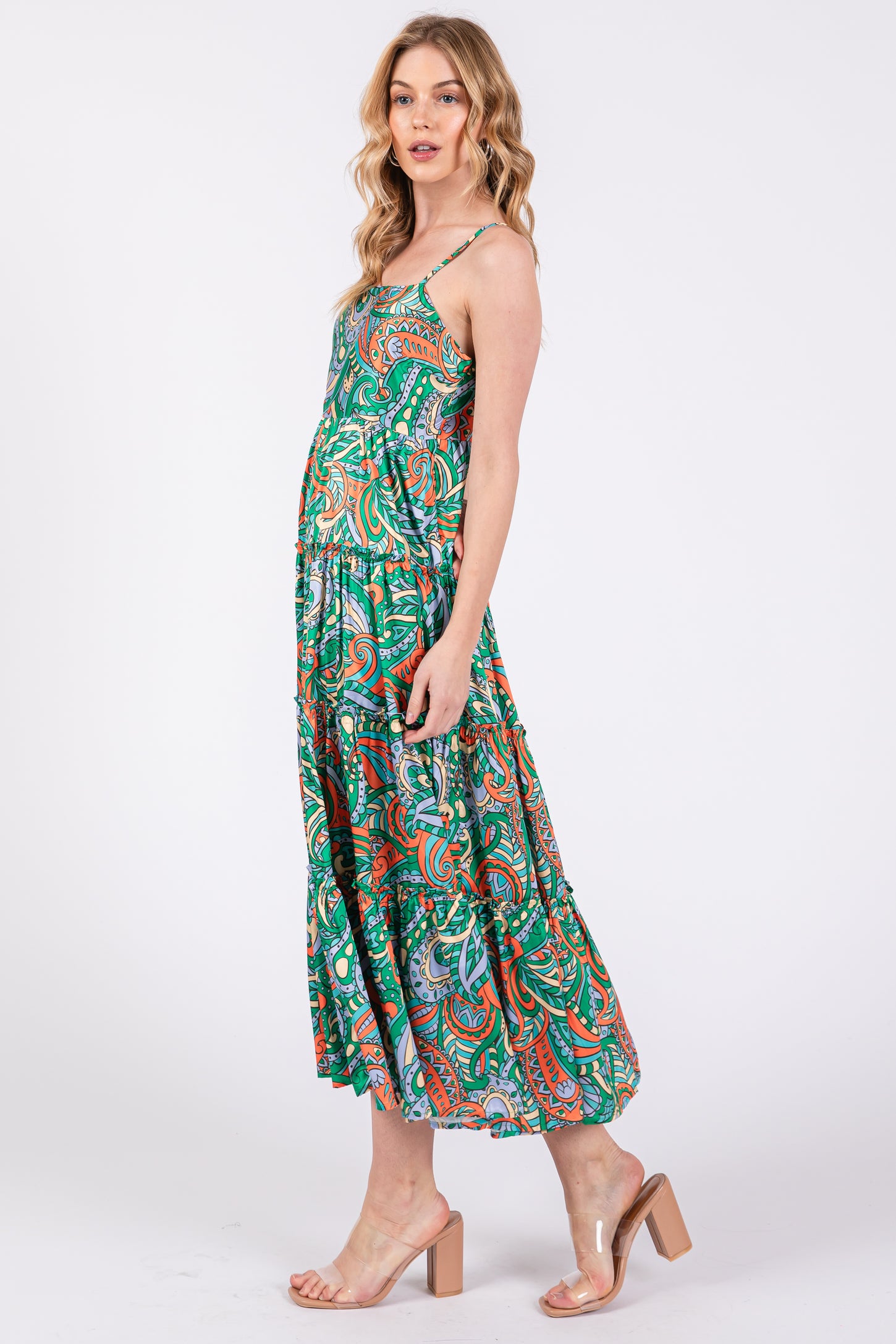 satin tiered midi dress Sunset Splendor Paisley Tiered Satin Midi Dress