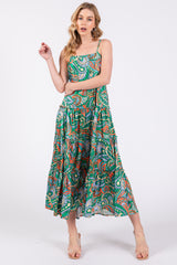 Green Satin Square Neck Ruffle Tiered Midi Dress