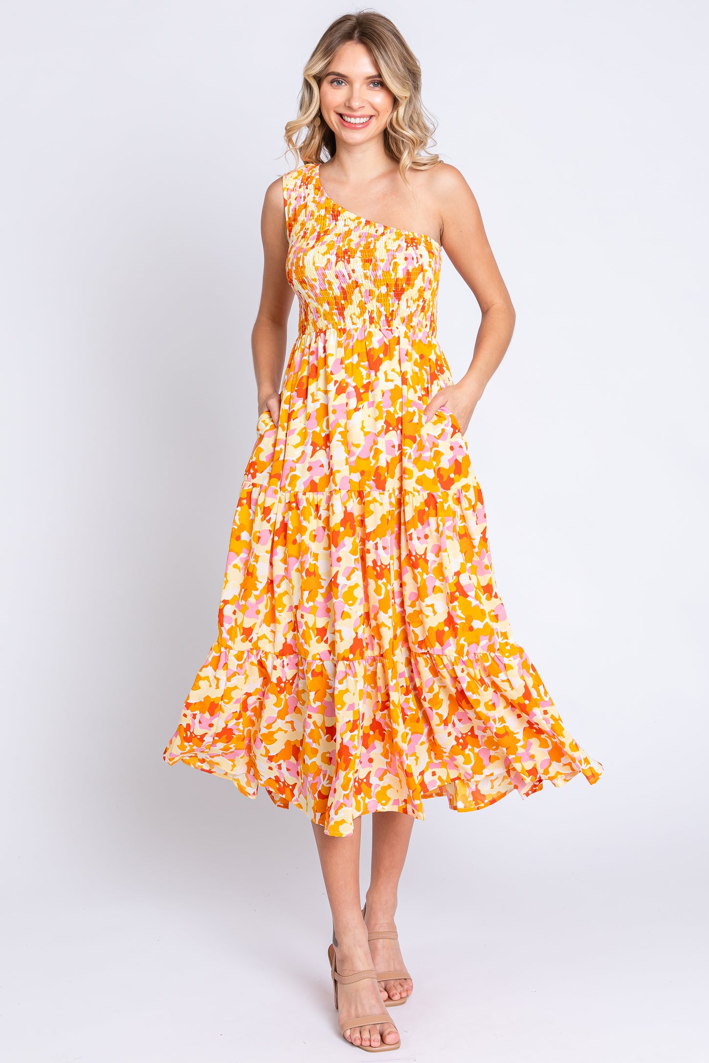 orange print maternity dress THDHVS Maternity Dress Summer,Maternity Dress for Baby Shower,Woman' Fashion Print Pleated Maternity Skirt Short Sleeve Round Neck Mid Calf Dress
