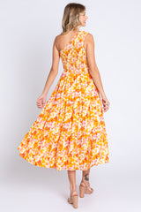 Orange Print Smocked One Shoulder Midi Dress