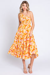 Orange Print Smocked One Shoulder Midi Dress