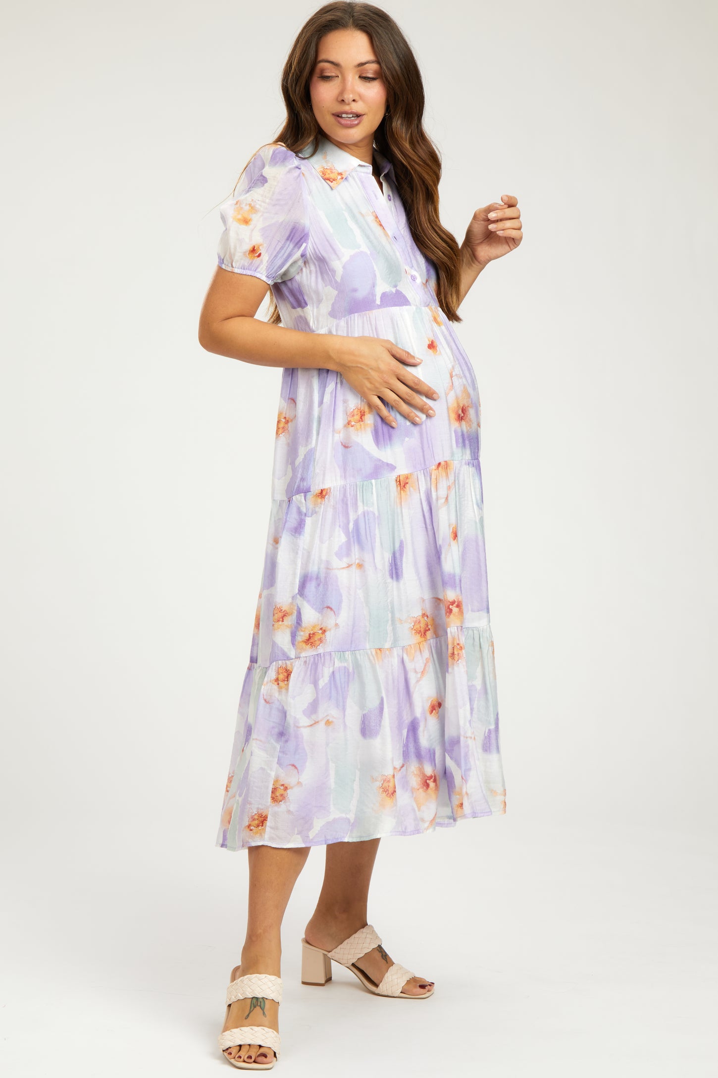 Lavender Floral Button Front Short Sleeve Tiered Maternity Midi Dress