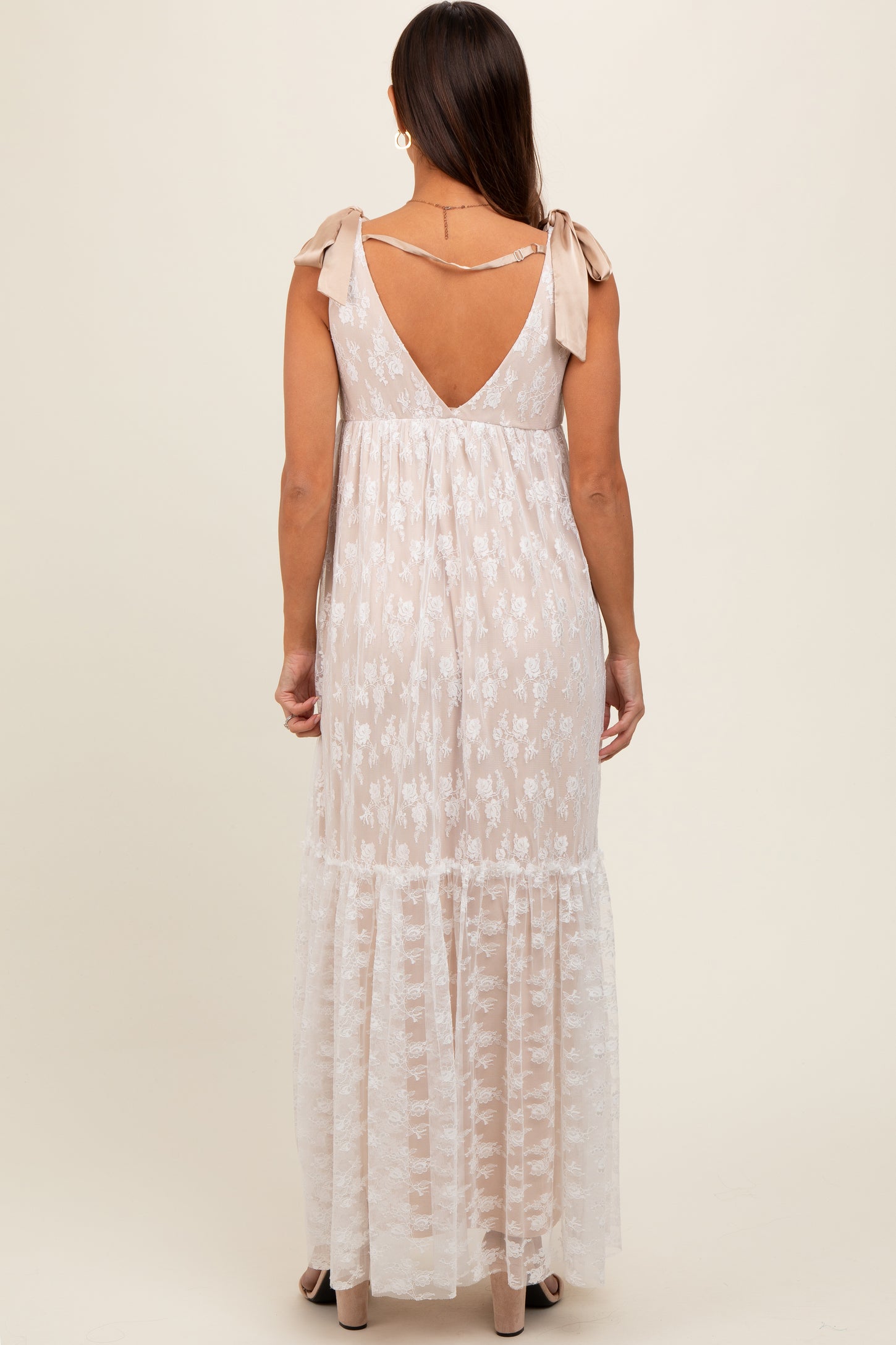 Beige V-Neck Satin Tie Lace Overlay Maternity Maxi Dress PinkBlush Beige V-Neck Satin Tie Lace Overlay Maternity Maxi Dress PinkBlush