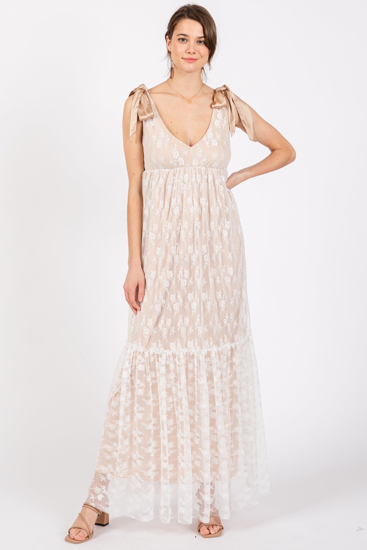 Beige V-Neck Satin Tie Lace Overlay Maternity Maxi Dress PinkBlush Beige V-Neck Satin Tie Lace Overlay Maternity Maxi Dress PinkBlush