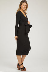 Black Ribbed Long Sleeve Maternity Wrap Dress