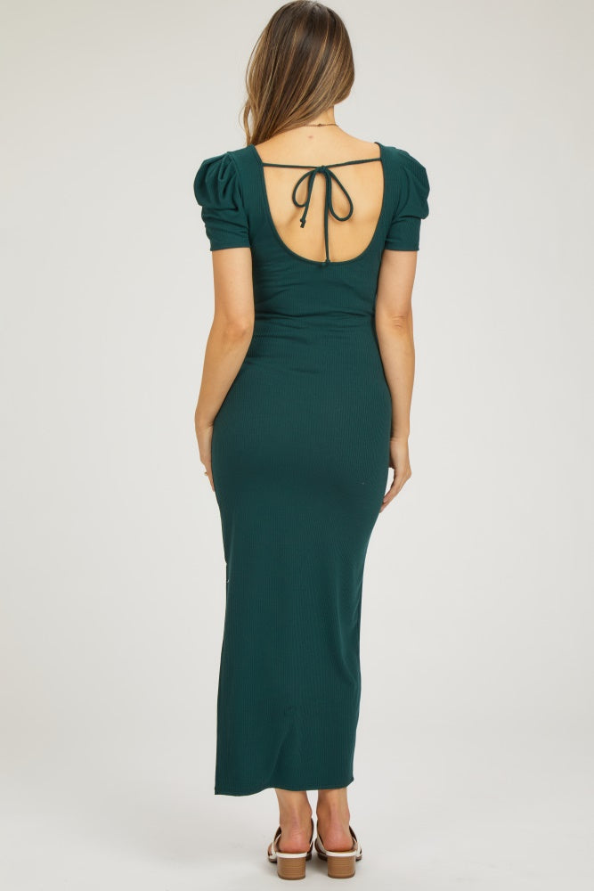 Hunter Green Ribbed Square Neck Side Slit Maternity Dress