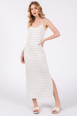 Mocha Striped Knit Side Slit Sleeveless Midi Dress