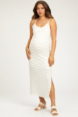 Mocha Striped Knit Side Slit Sleeveless Maternity Midi Dress