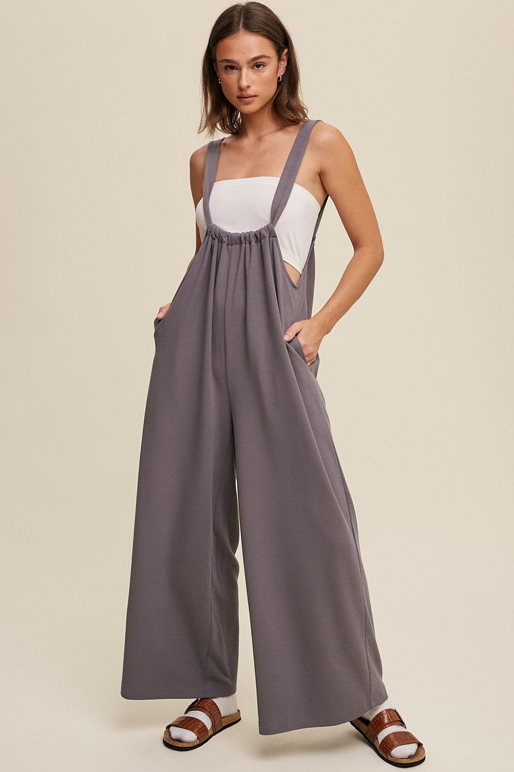 Grey Ribbed Drawstring Wide Leg Maternity Jumpsuit