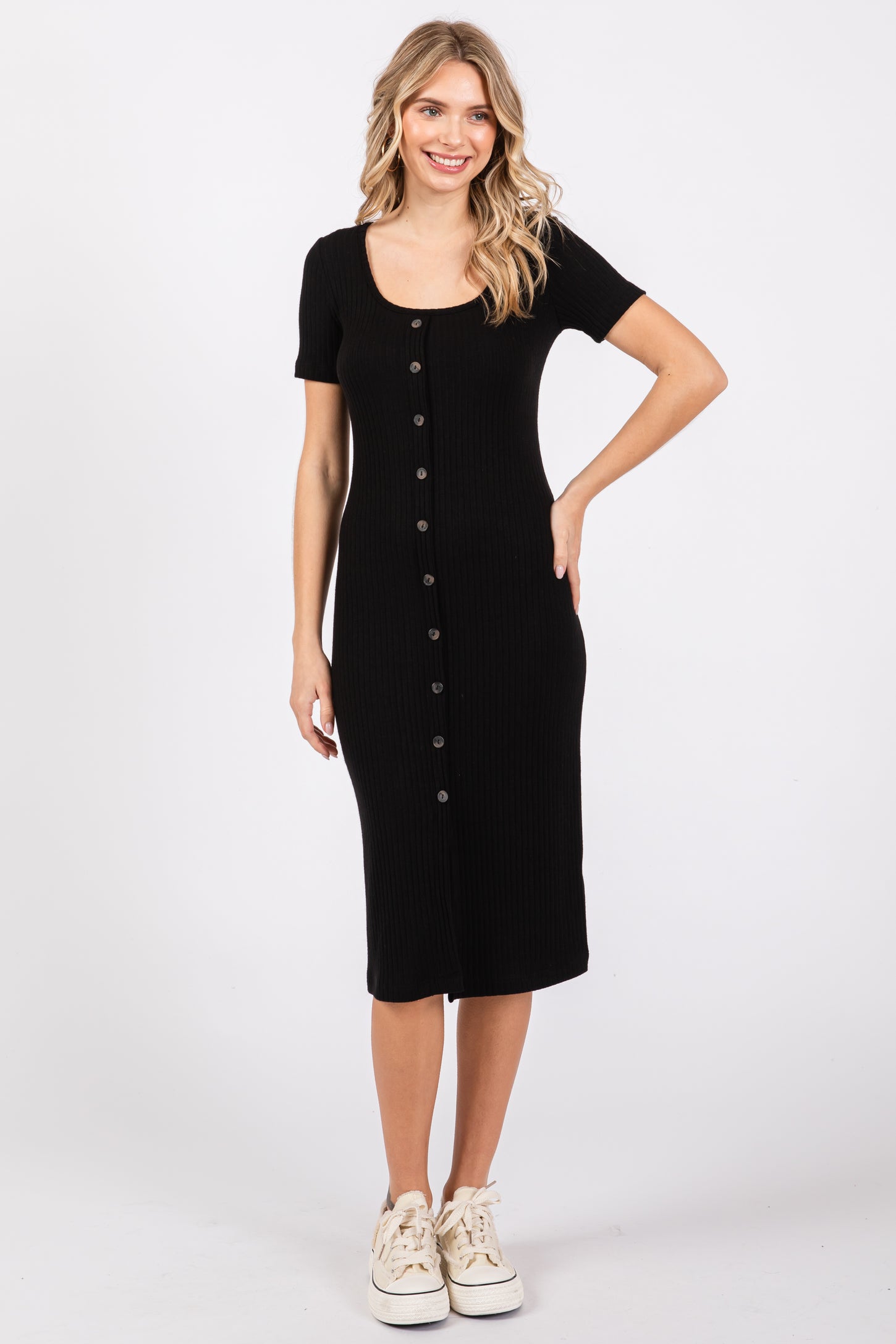 Button Front Ribbed Dress Black Ribbed Front Button Accent Short Sleeve Midi Dress – PinkBlush