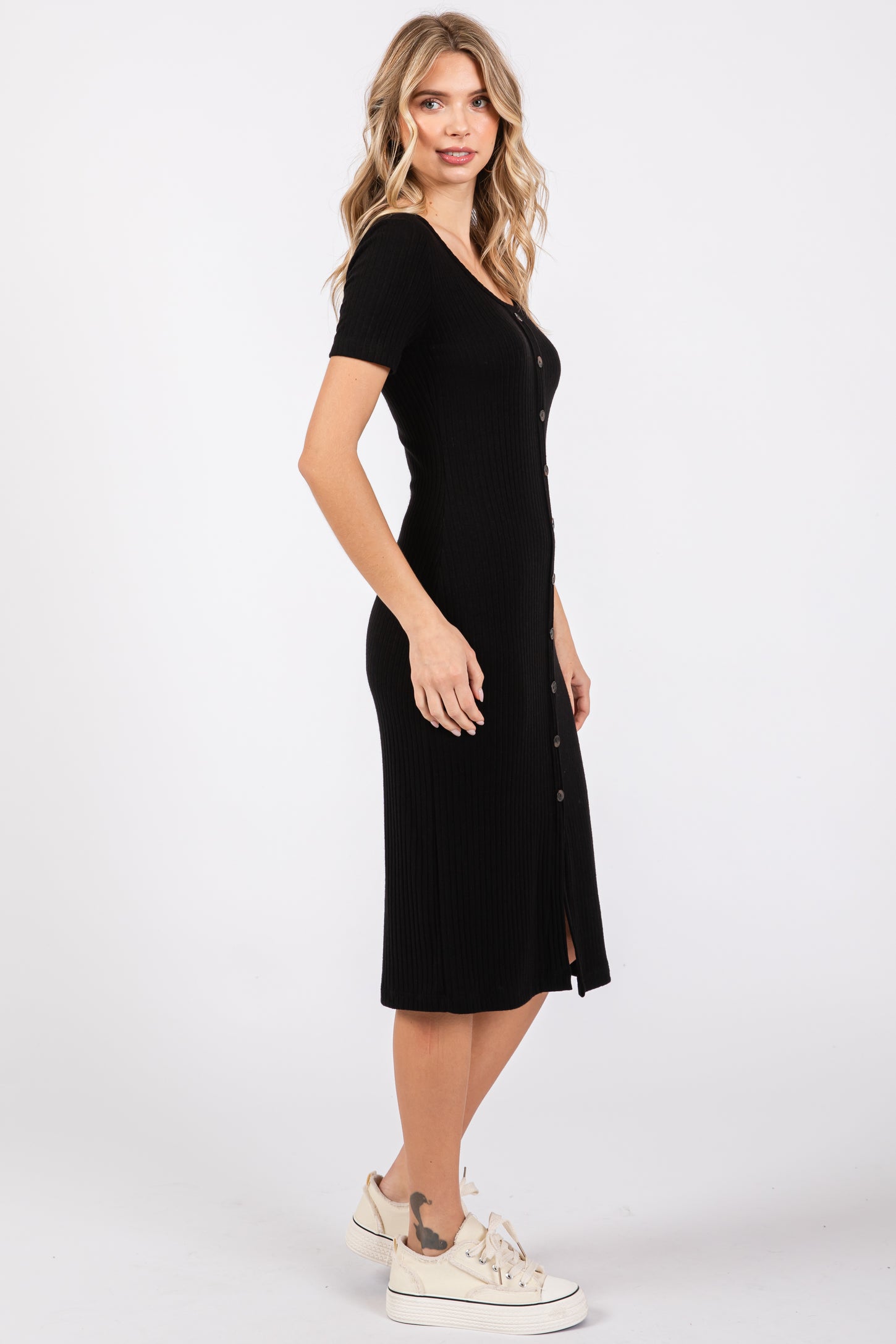 Button Front Ribbed Dress Black Ribbed Front Button Accent Short Sleeve Midi Dress – PinkBlush