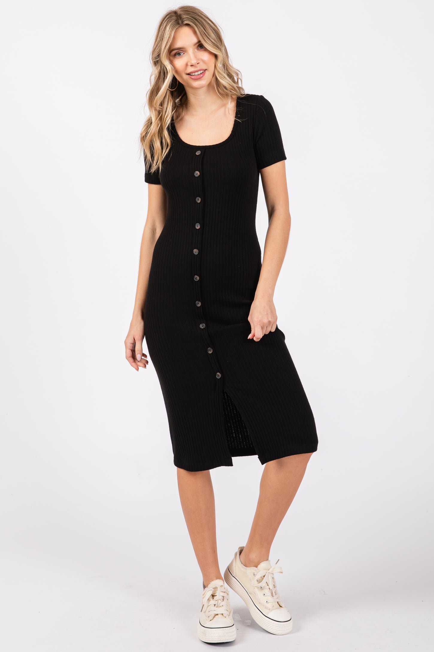 Button Front Ribbed Dress Black Ribbed Front Button Accent Short Sleeve Midi Dress – PinkBlush