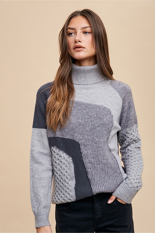 Grey Combo Turtleneck Multi Pattern Mixed Sweater Top – PinkBlush