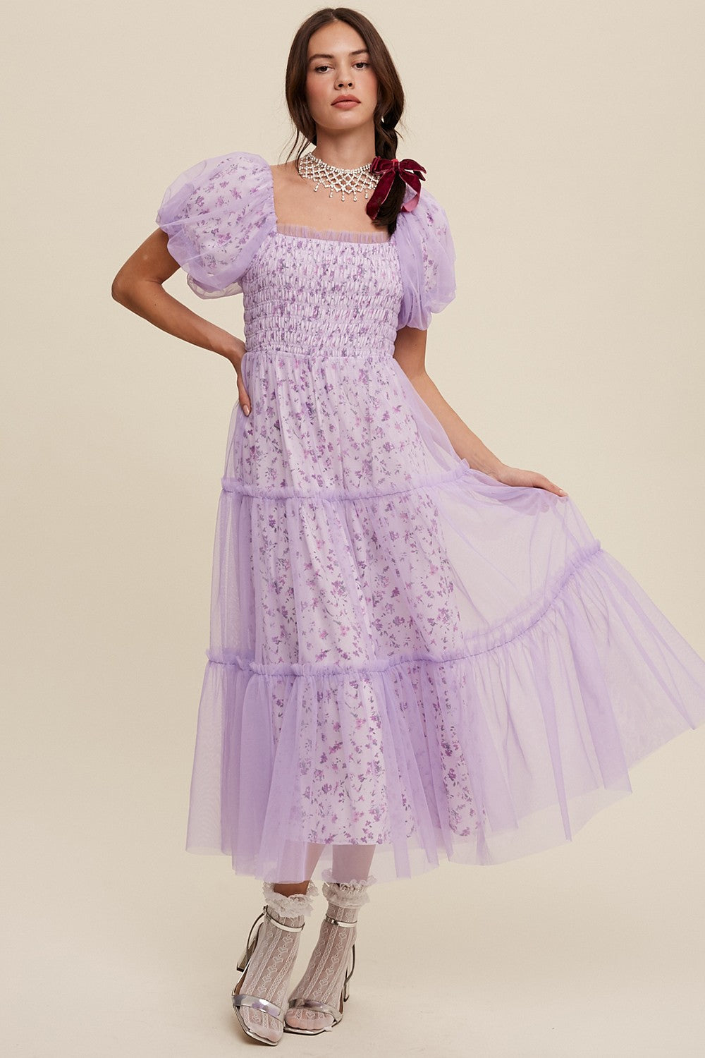 Lavender Floral Lined Smocked Tulle Midi Dress – PinkBlush