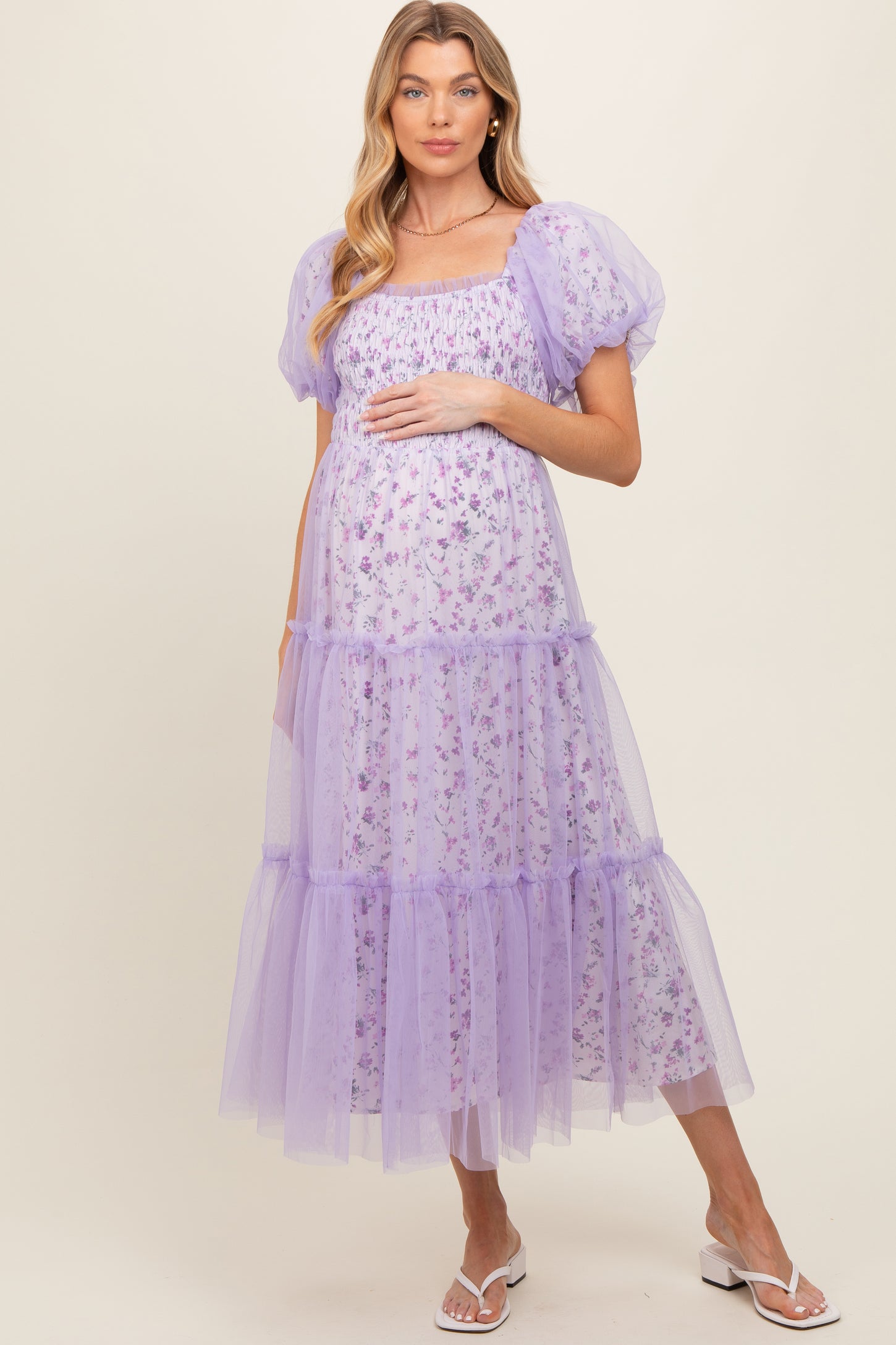 Lavender Floral Lined Smocked Tulle Maternity Midi Dress PinkBlush Lavender Floral Lined Smocked Tulle Maternity Midi Dress PinkBlush