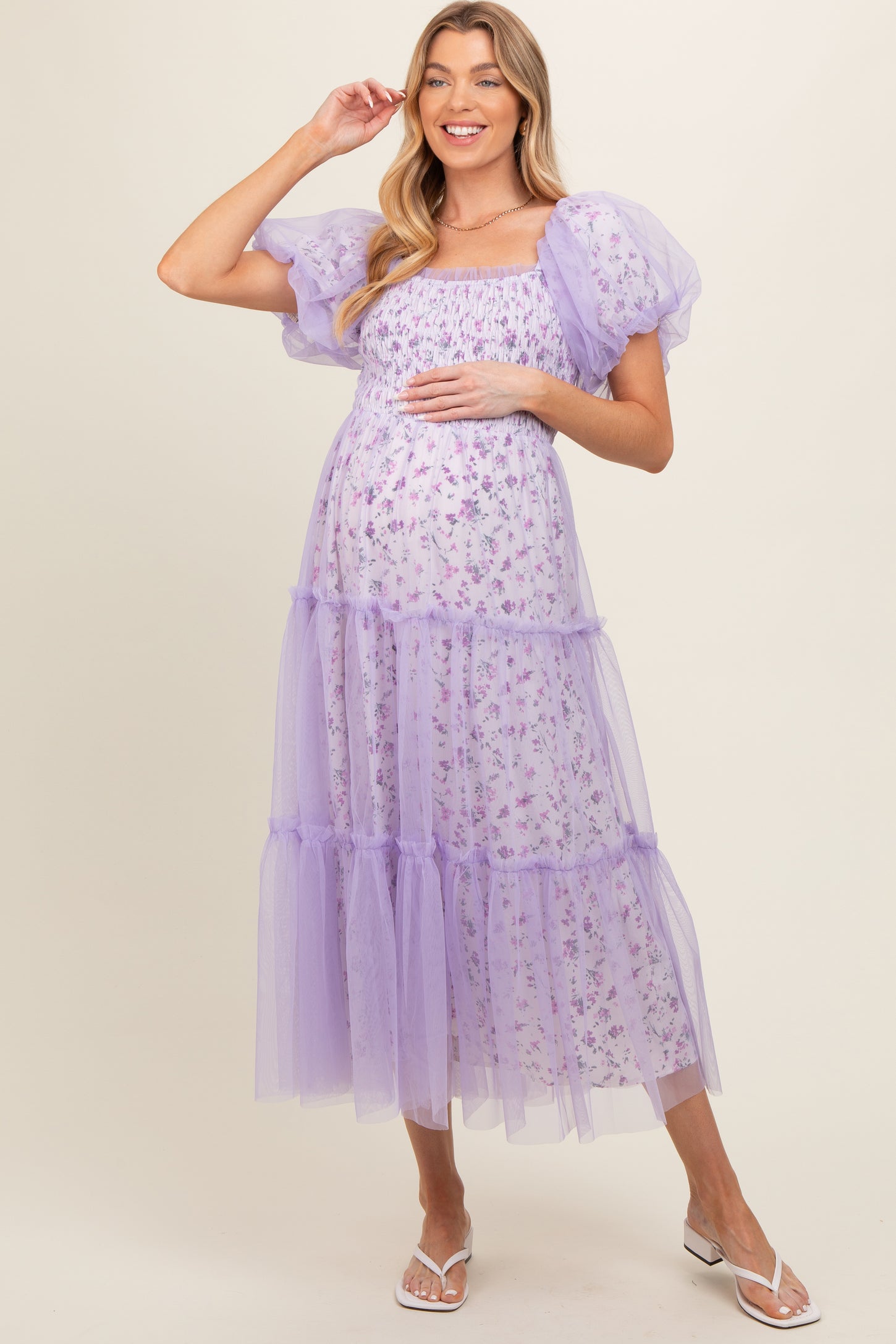 Lavender Floral Lined Smocked Tulle Maternity Midi Dress Lavender Floral Lined Smocked Tulle Maternity Midi Dress