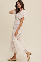 Cream Floral Lined Smocked Tulle Midi Dress