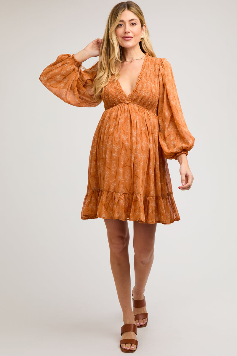 Orange Floral Smocked Long Sleeve Maternity Dress – PinkBlush