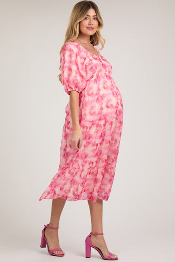 Fuchsia Watercolor Floral Maternity Midi Dress