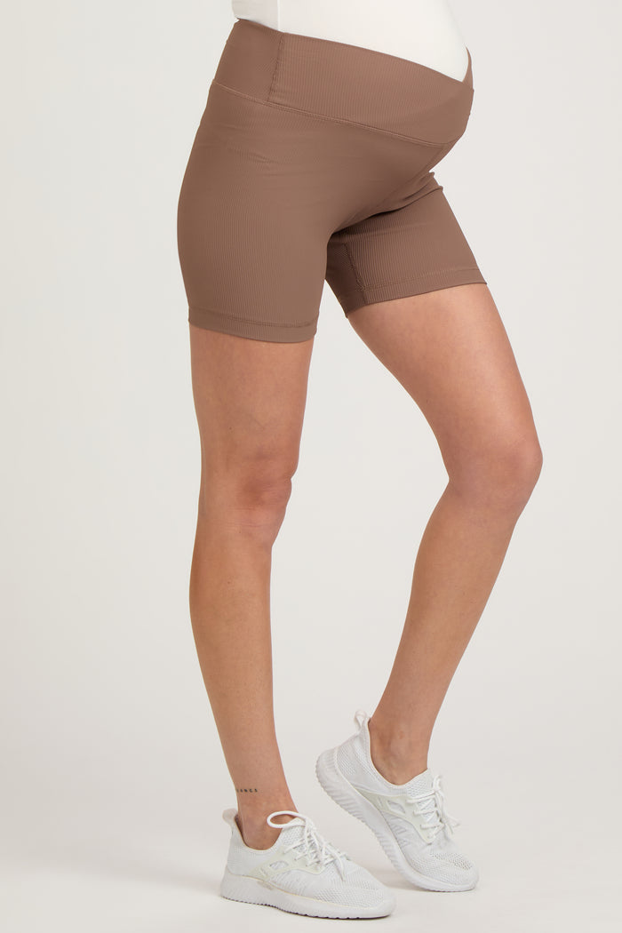 Mocha Ribbed Crisscross Maternity Biker Shorts
