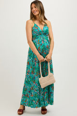 Teal Floral Pleated Ruched Front Maternity Midi Dress