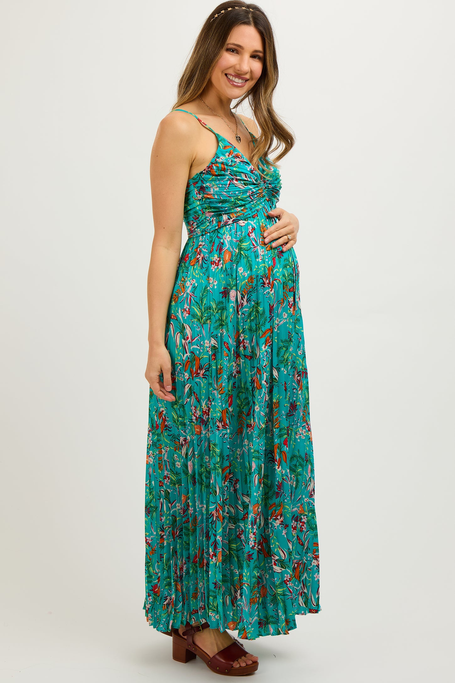Teal Floral Pleated Ruched Front Maternity Midi Dress– PinkBlush