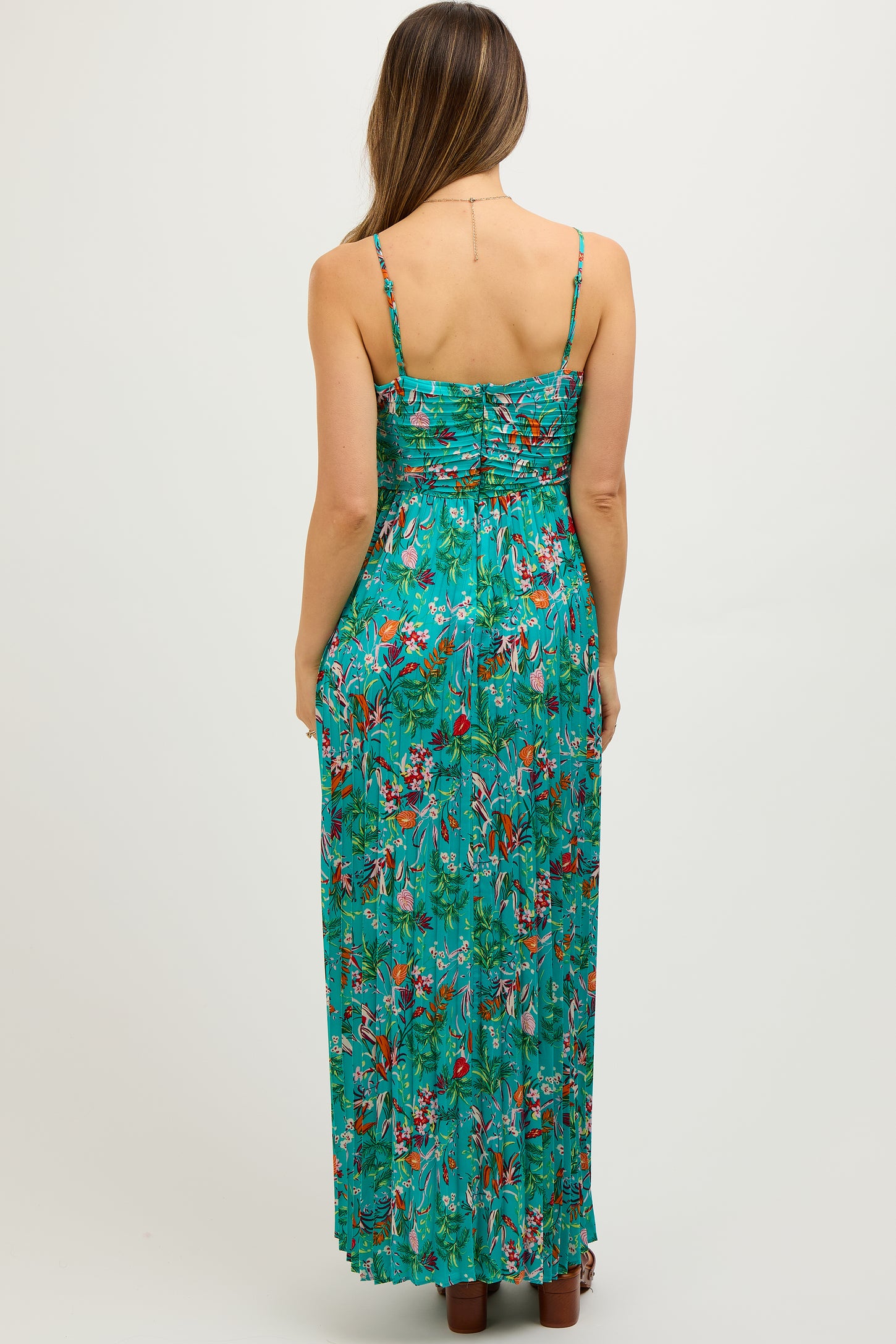 Teal Floral Pleated Ruched Front Maternity Midi Dress– PinkBlush