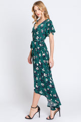 Forest Green Floral Wrap Front V-Neck Hi-Low Midi Dress
