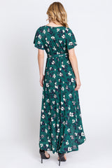 Forest Green Floral Wrap Front V-Neck Hi-Low Midi Dress