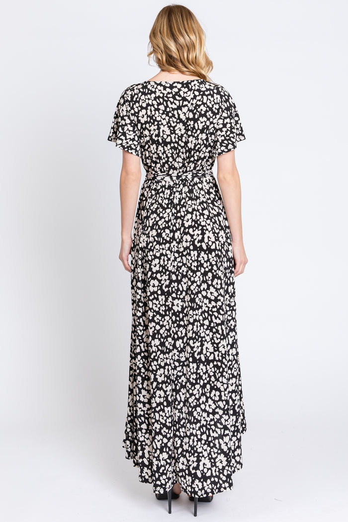 Black Animal Print Wrap Front V-Neck Hi-Low Midi Dress