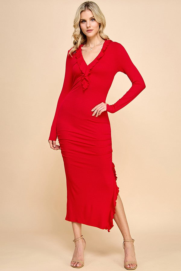 open lace back dress Red Ruffle Ruched Long Sleeve Maxi Dress – PinkBlush
