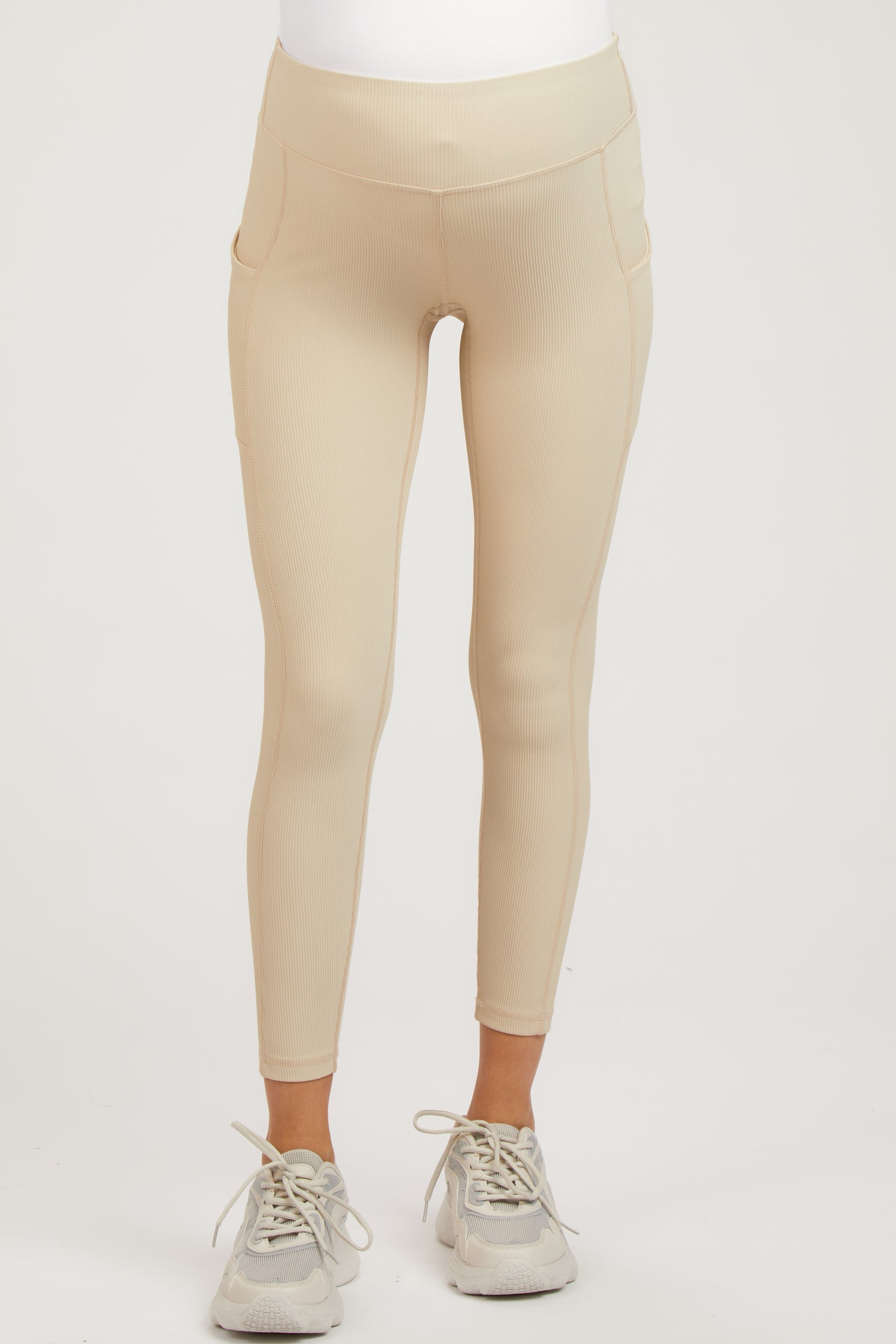Beige Ribbed Maternity Active Leggings