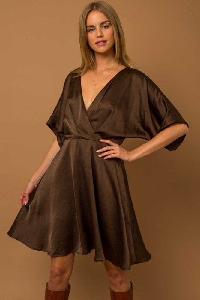 Brown Flowy Sleeve Surplice Back Tie Pleated Dress PinkBlush Brown Flowy Sleeve Surplice Back Tie Pleated Dress PinkBlush
