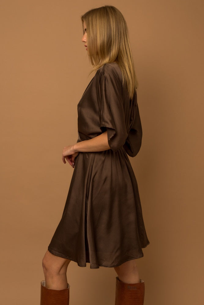 Brown Flowy Sleeve Surplice Back Tie Pleated Dress PinkBlush Brown Flowy Sleeve Surplice Back Tie Pleated Dress PinkBlush