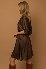 Brown Flowy Sleeve Surplice Back Tie Pleated Dress