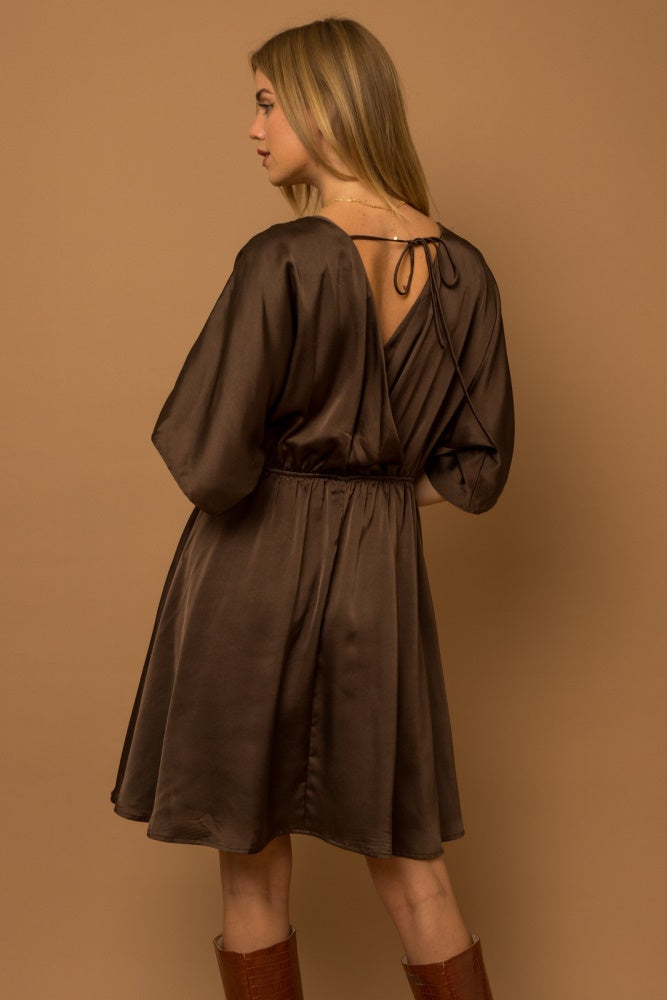 Brown Flowy Sleeve Surplice Back Tie Pleated Dress PinkBlush Brown Flowy Sleeve Surplice Back Tie Pleated Dress PinkBlush