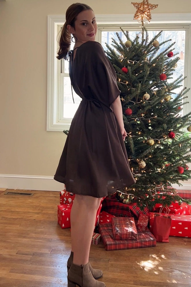 Brown Flowy Sleeve Surplice Back Tie Pleated Dress PinkBlush Brown Flowy Sleeve Surplice Back Tie Pleated Dress PinkBlush